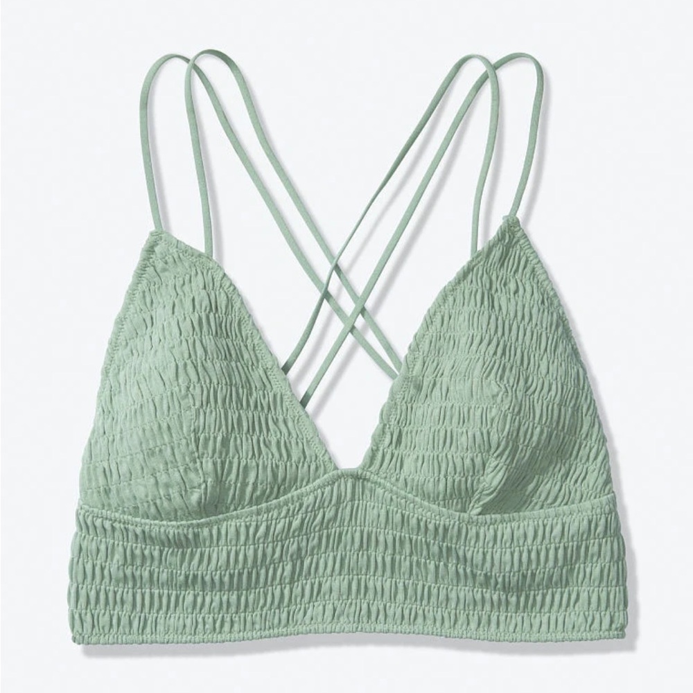 XS Victoria’s Secret PINK Smocked Triangle Bralette Sage Green NWT Wireless